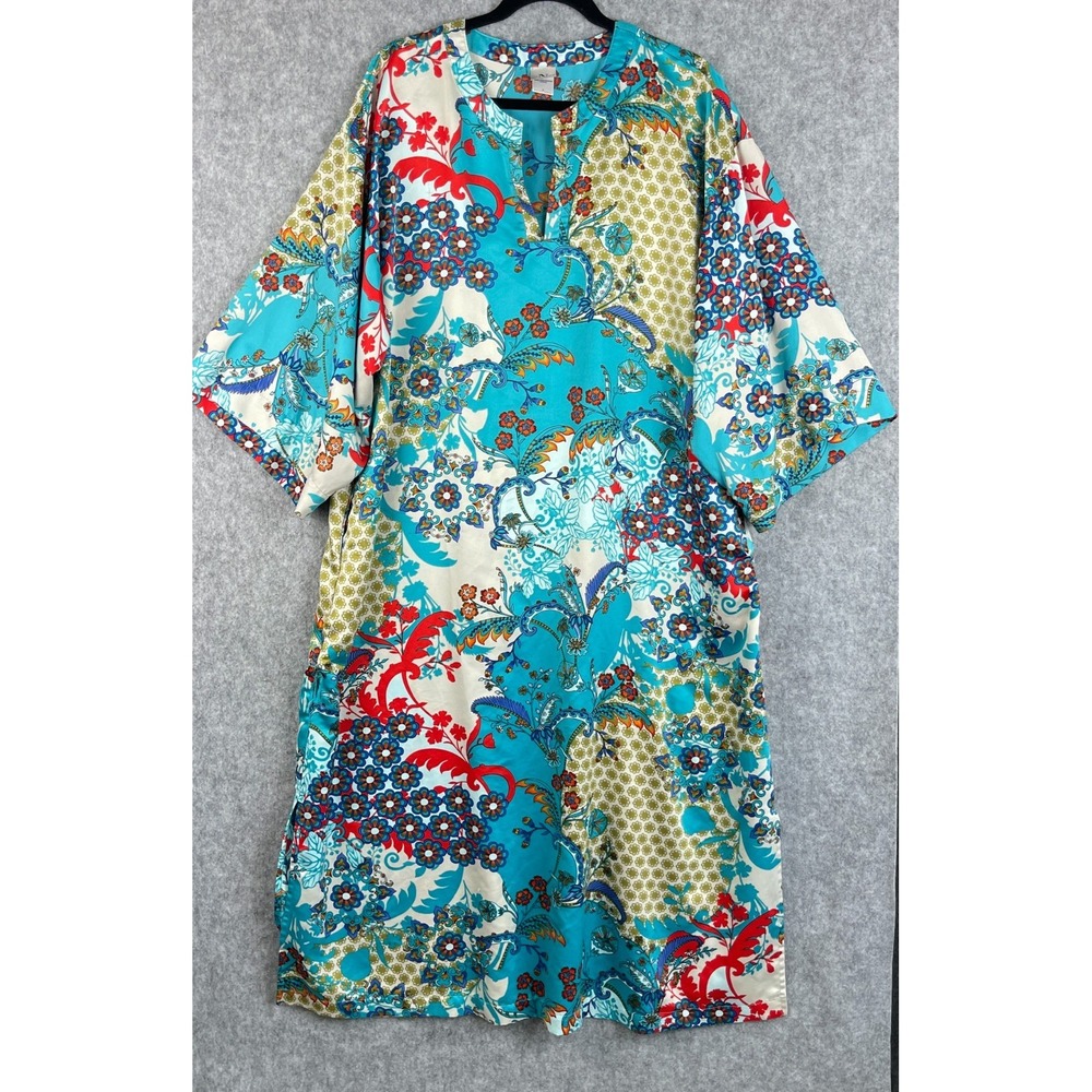 Natori Caftan Lounge Dress Womens Large Blue Satin Floral Kimono Sleeve Artsy